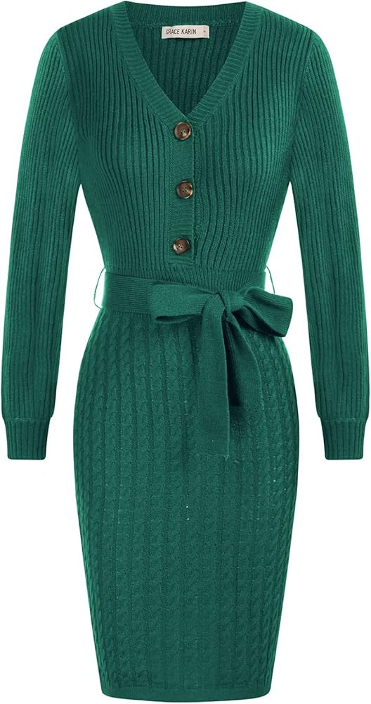 GRACE KARIN Women's Wrap V Neck Knitted Pullover Sweater Dress Long Sleeve Button Belt Bodycon Dress | Amazon (US)