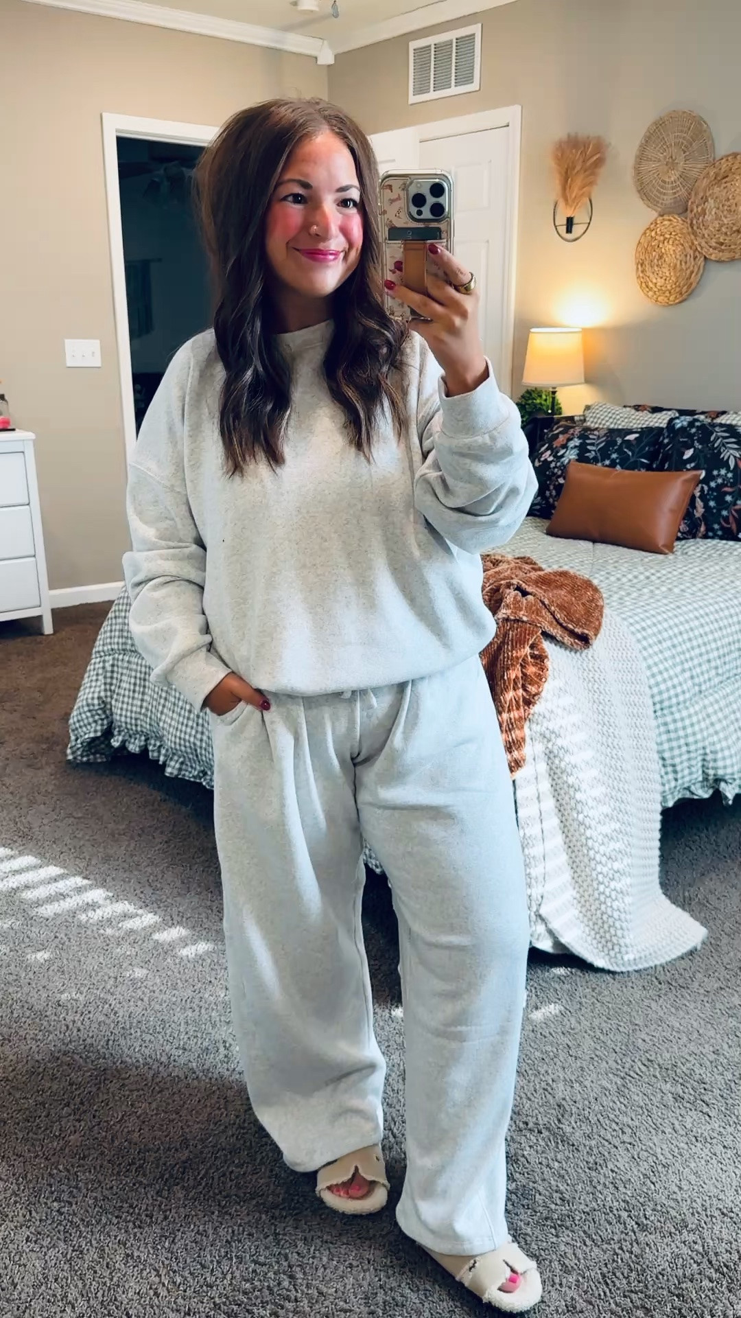 Keeping it comfy! 🖤 This matching set is perfect for running errands, travel days or relaxing at home. Love a cute outfit that feels like lounge wear!

slippers: sold out, but linking similar options below!
pants: fit oversized // wearing a large
crewneck: fits true to size // wearing a large 

 #LTKootd #LTKMidsize
