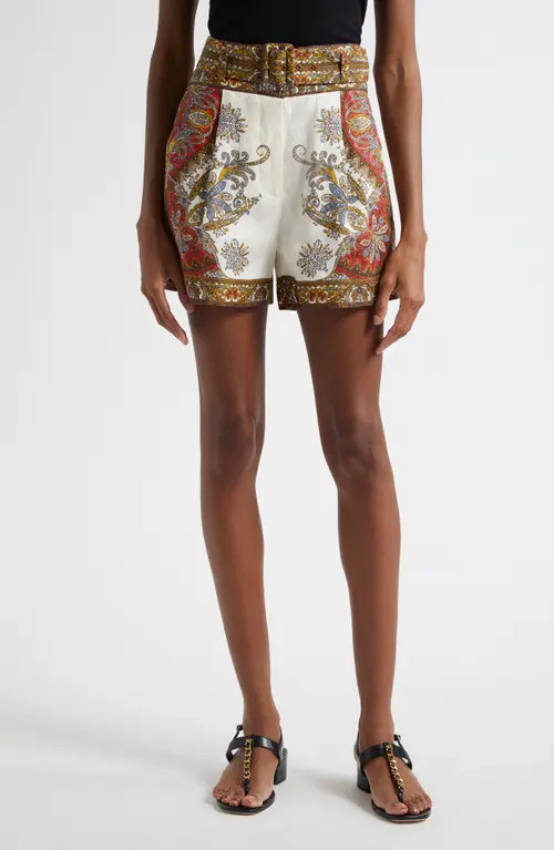 Veronica Beard Hobbes Printed Belted Linen Shorts in Dove Red Multi at Nordstrom, Size 0 | Nordstrom