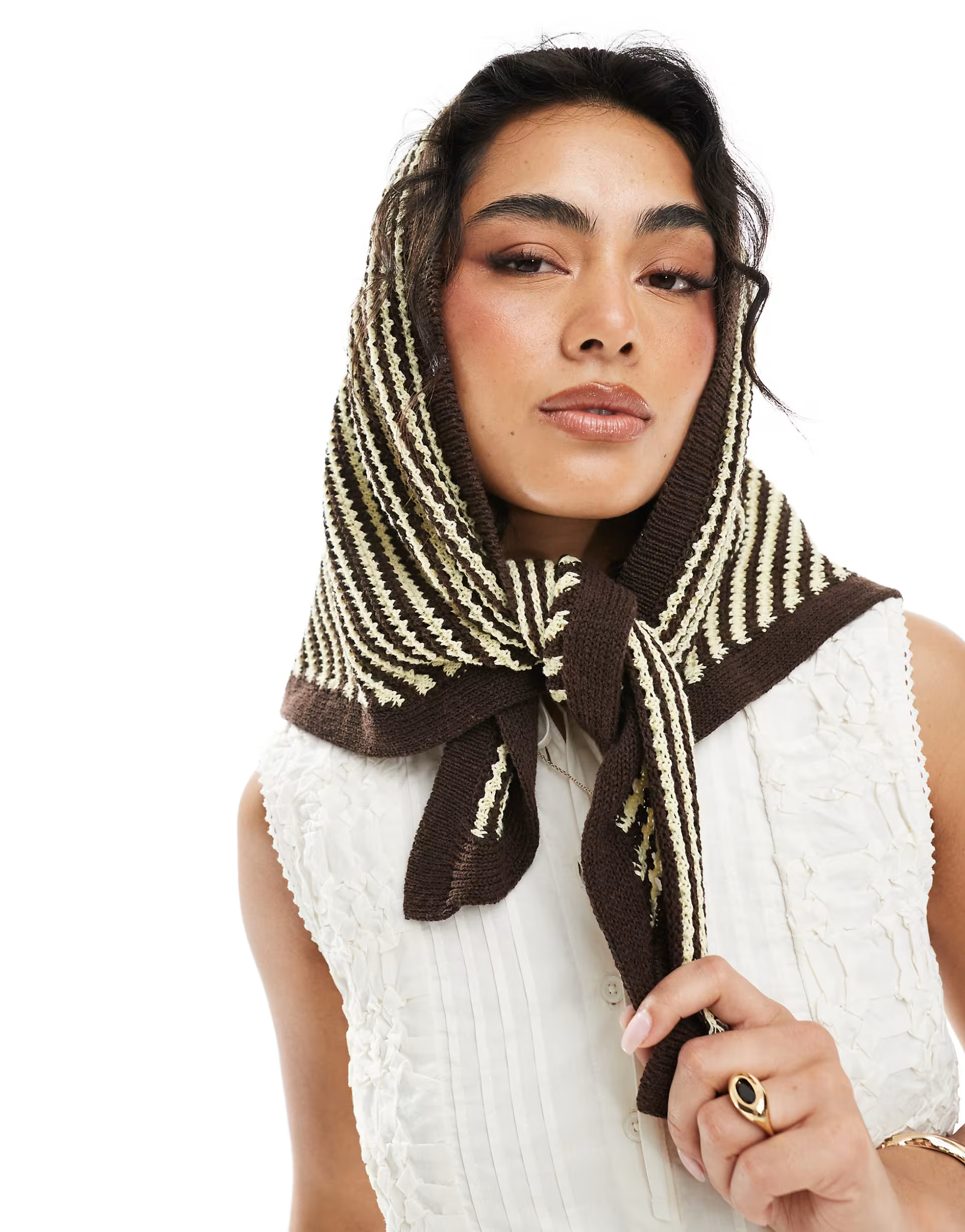 ASOS DESIGN crochet knit head scarf in buttermilk and brown stripe | ASOS (Global)