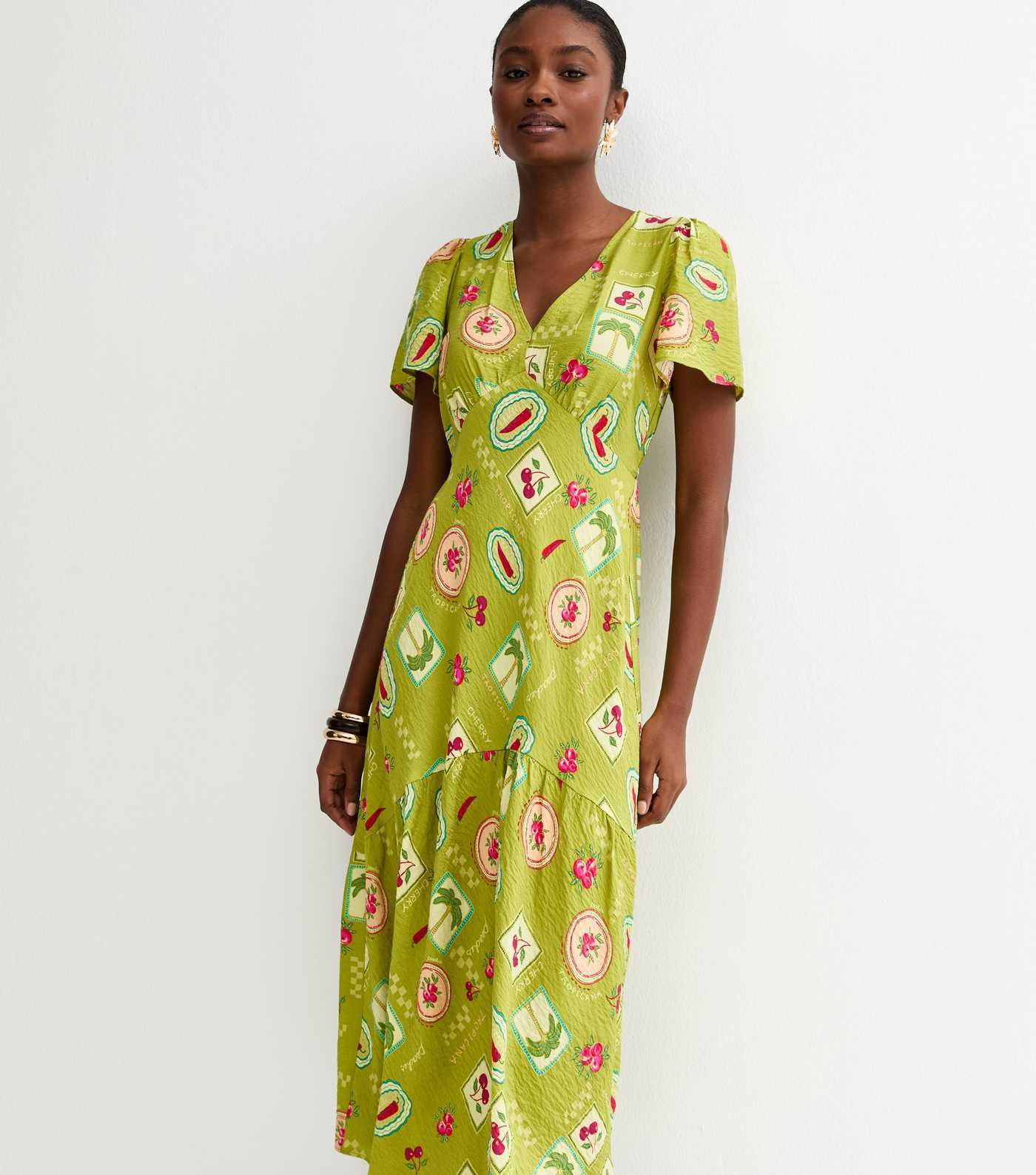 Green Fruit Print Tiered Midi Tea Dress | New Look | New Look (UK)