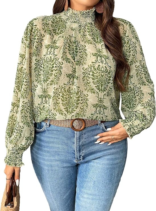 Floerns Women's Plus Allover Print Long Sleeve Shirred Mock Neck Blouse Shirts | Amazon (US)