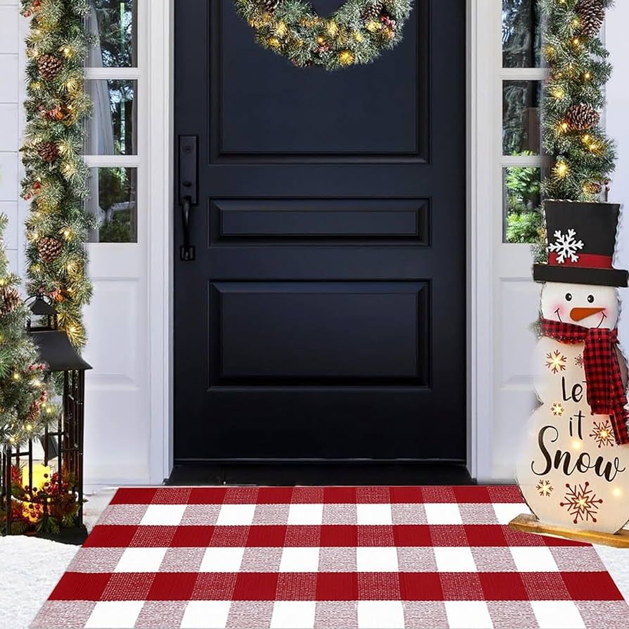 Christmas Door Mat Outdoor 24"x51"Buffalo Plaid Christmas Decor Rug Cotton Hand-Woven Layered Doo... | Amazon (US)