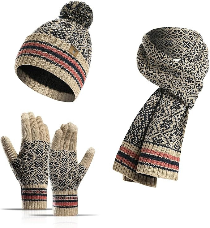 Womens Winter Beanie Hat Long Scarf and Touchscreen Gloves 3Pieces Fleece Lined Skull Caps with P... | Amazon (US)