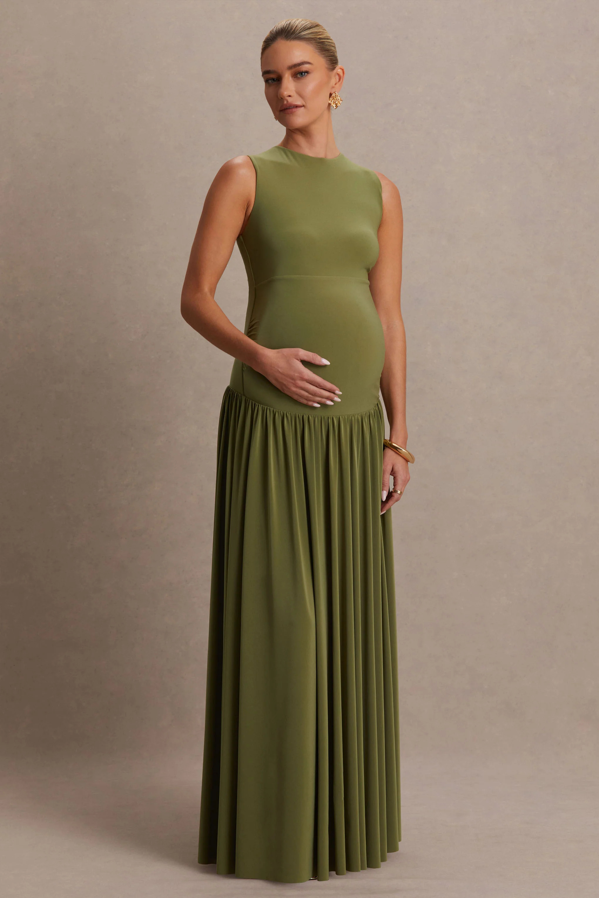 Outline | Olive Crew-Neck Maternity Maxi Dress With Pleated Skirt | Club L London