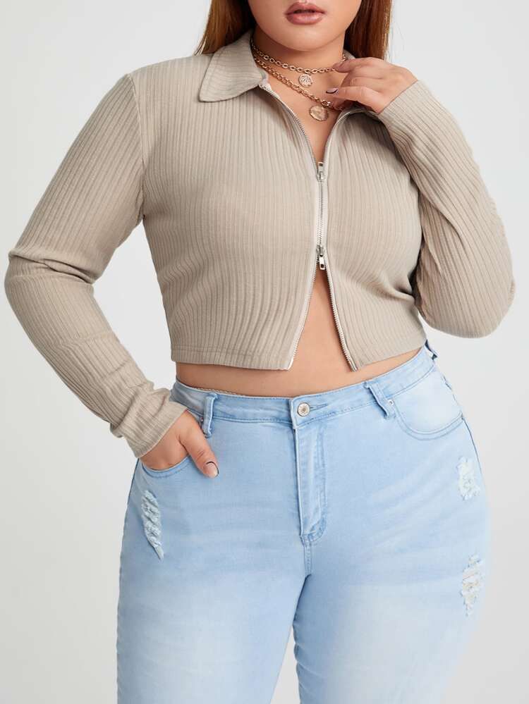 Plus Zip-up Ribbed Crop Top | SHEIN