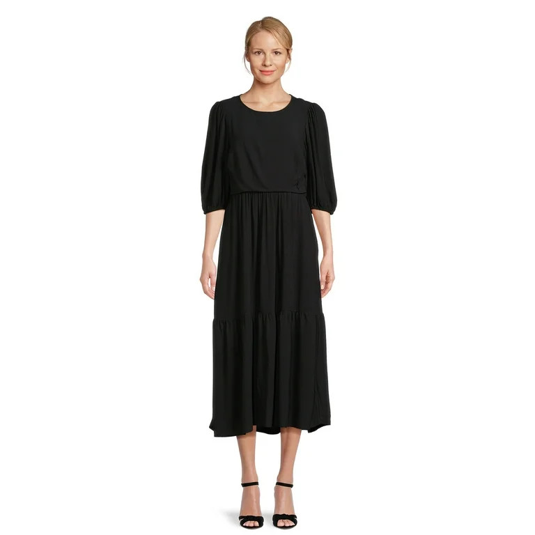 Time and Tru Women's Tie-Back Midi Dress with Elbow Length Sleeves, Sizes XS-XXXL | Walmart (US)