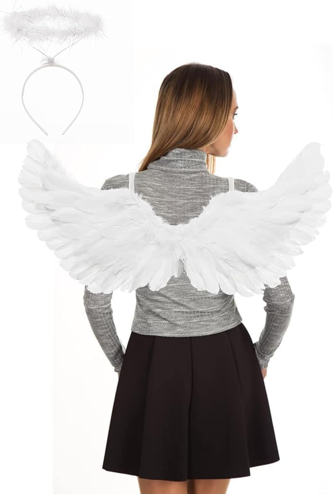 Angel Wings and Halo Adult Feather Angel Wings Costume for Kids Women Girls Halloween Cosplay Cos... | Amazon (US)