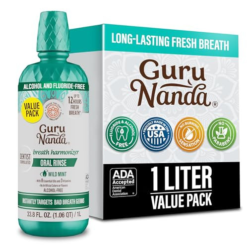 GuruNanda Fresh Breath Mouthwash, ADA-Accepted, Alcohol & Fluoride-Free, Sodium Chlorite, Essential Oils & Vitamins, 12-Hrs Fresh Breath, Wild Mint, 33.8 oz | Amazon (US)