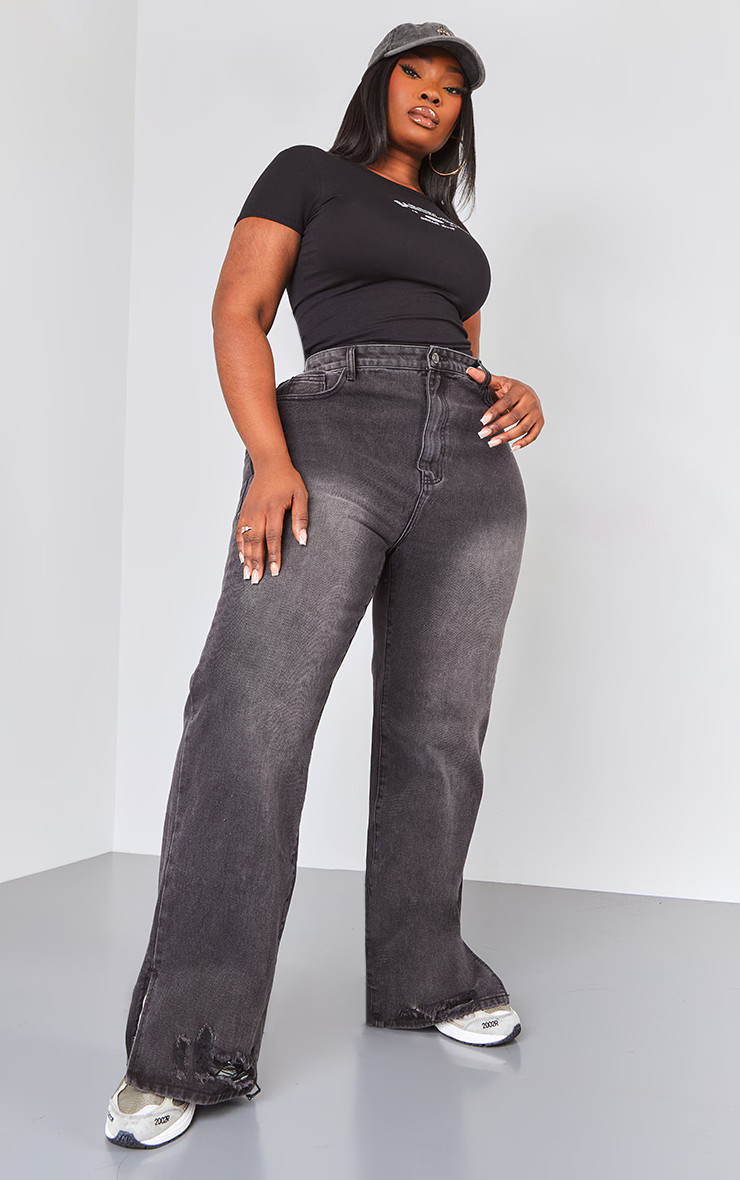 Plus Washed Black Ripped Split Hem Straight Leg Jeans | PrettyLittleThing US