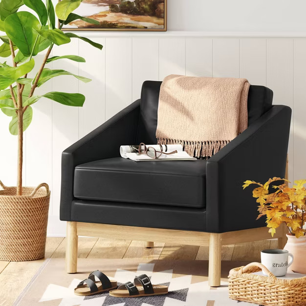 Goldston Low Lounge Accent Chair Black Faux Leather - Threshold™ | Target