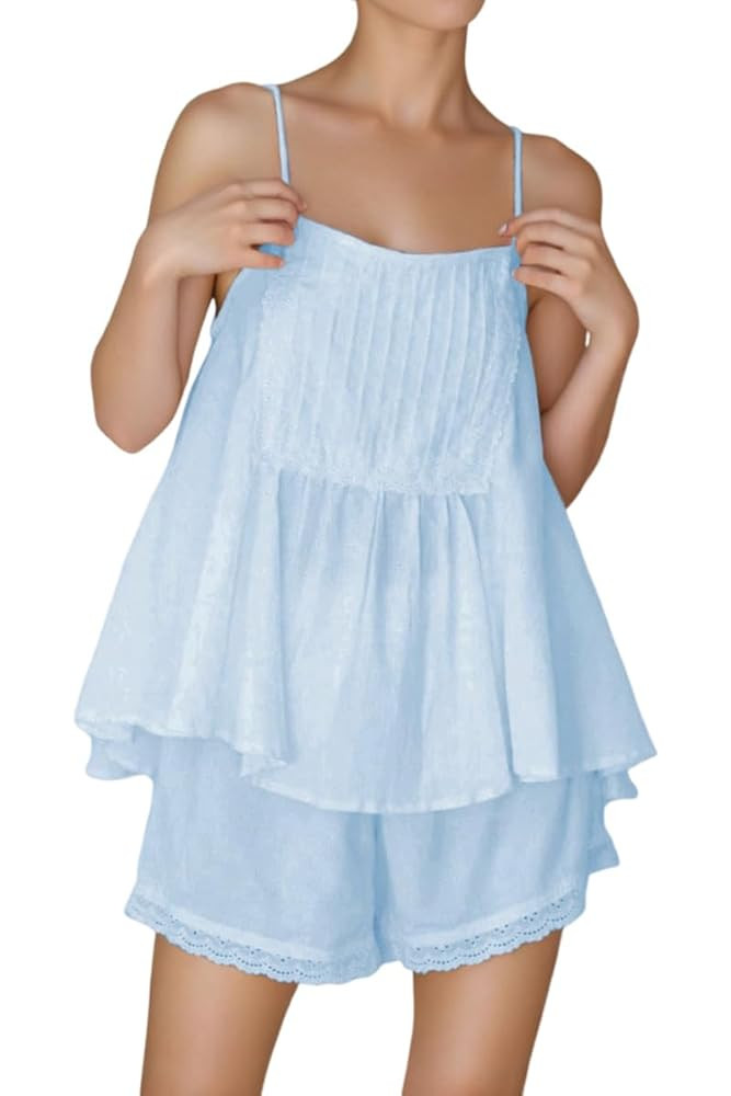 Womens Summer 2 Piece Short Sets Sleeveless Ruffle Trim Top and Shorts Cotton Pajamas Set | Amazon (US)