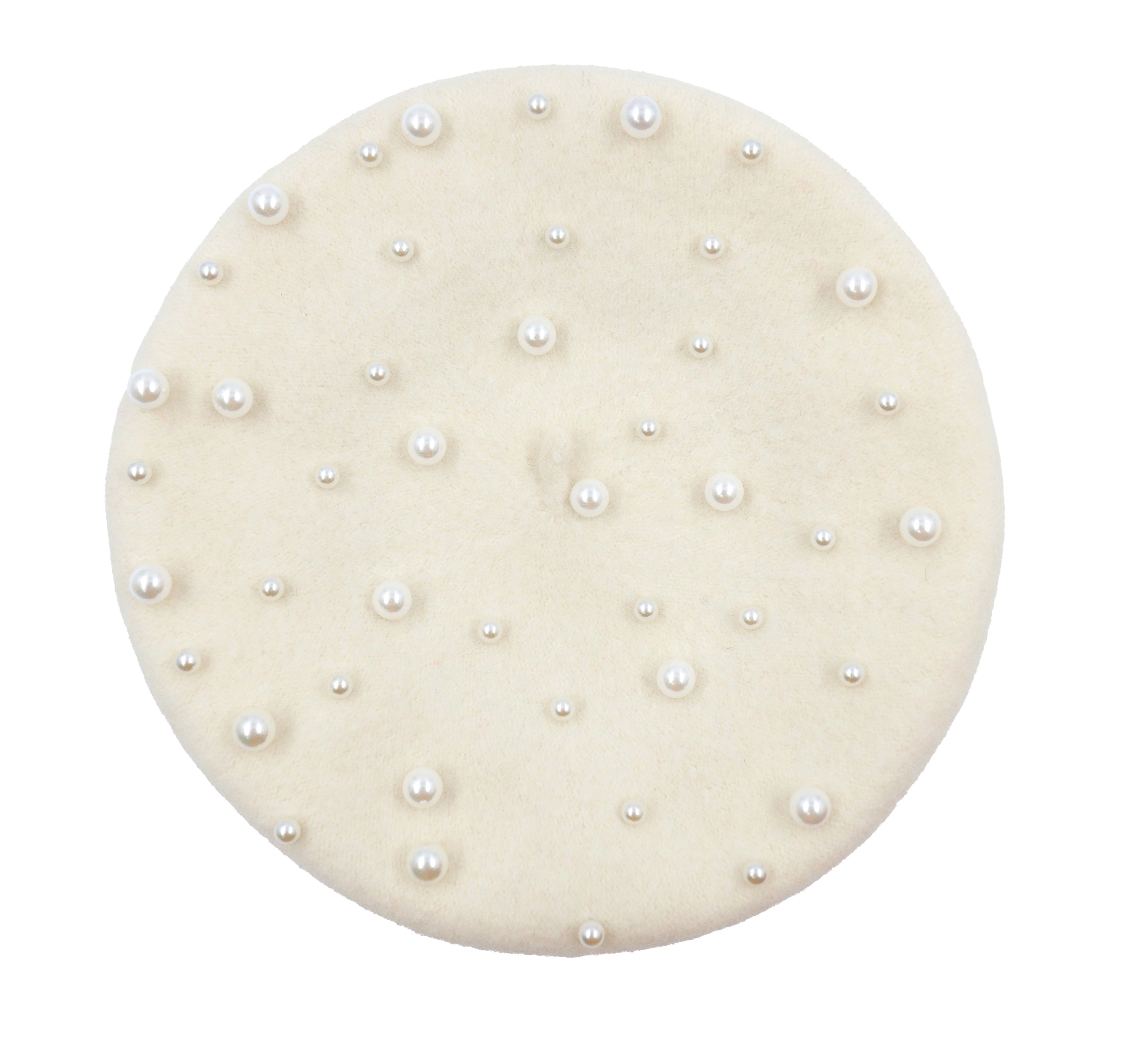Taylor - Ivory Wool Beret Hat - Embellished Pearls - Mummy Adult Size | Wolf & Badger