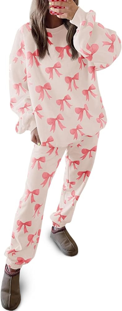 Tankaneo Womens 2 Piece Outfits Sweatsuit Bows Printed Casual Long Sleeve Oversized Sweatshirt an... | Amazon (US)
