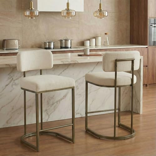 26" H Counter Height Bar Stools Set of 2, Modern Linen Fabric Upholstered Barstools with Backrest for Kitchen Island, Gold Metal Frames, Linen | Amazon (US)
