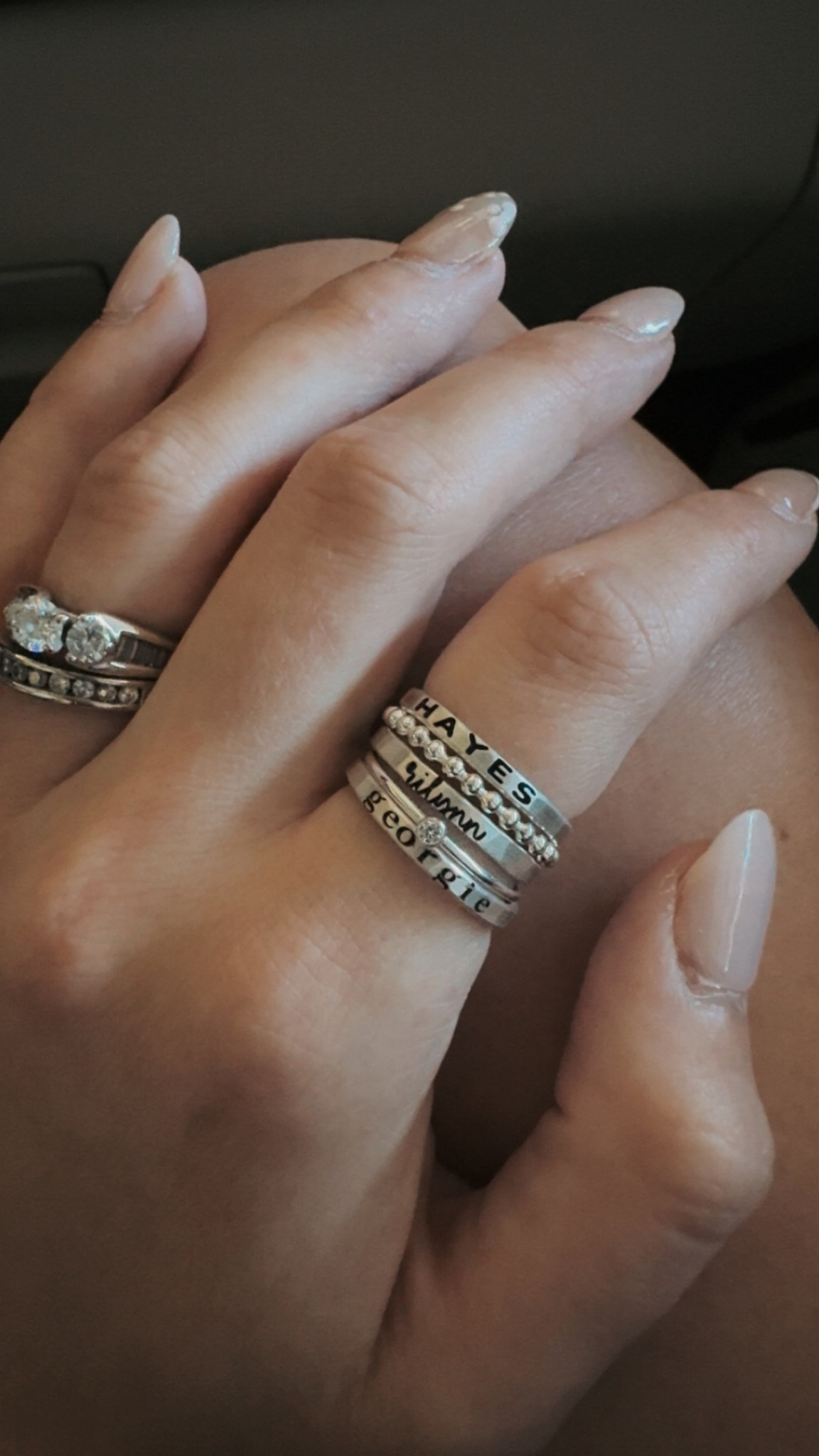 obsessing over my ring stacks with my kiddos names from my parents! 🌿 

#LTKU #LTKOver40 #LTKStyleTip