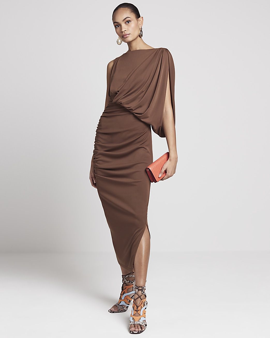 Brown drape bodycon midi dress | River Island (UK & IE)
