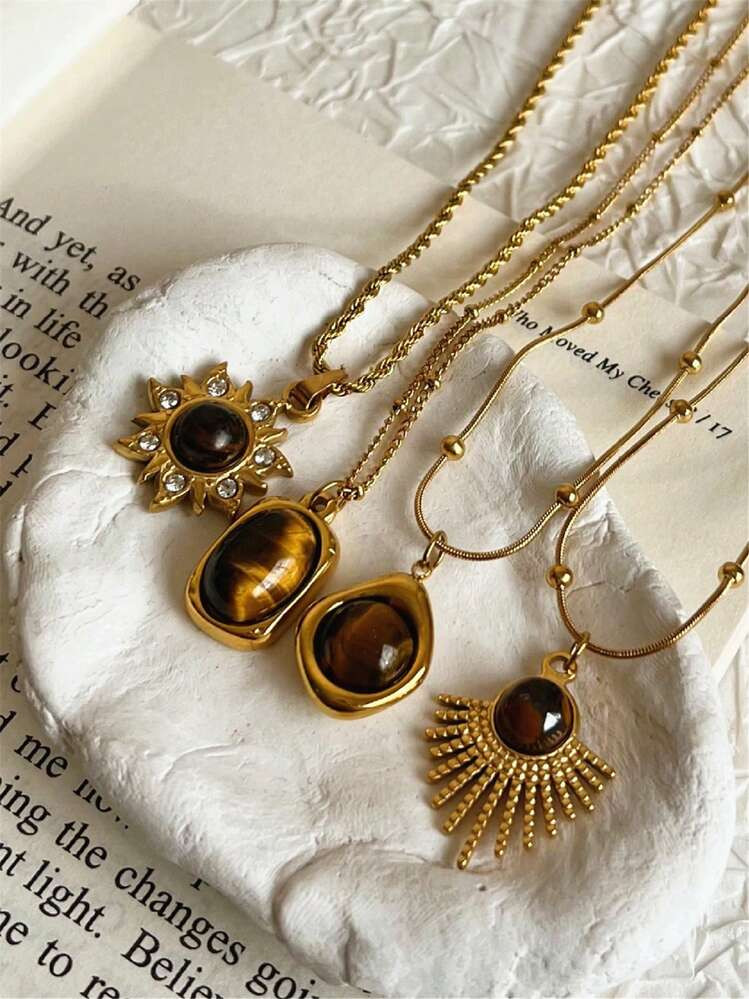 1pc Vintage Brown Natural Stone Titanium Steel Pendant Necklace Rhinestone Sun Oval Geometric Gold Plated Clavicular Chain Jewelry Gift For Women | SHEIN