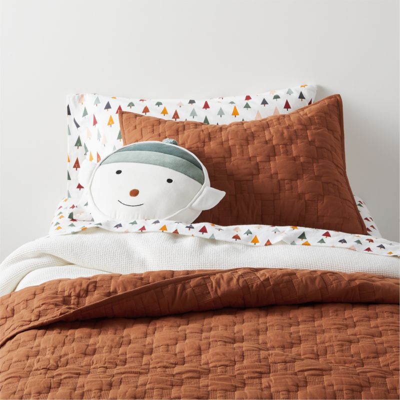 Almond Brown Geometric Stitch Embroidered Cotton Kids Twin Quilt | Crate & Kids | Crate & Barrel