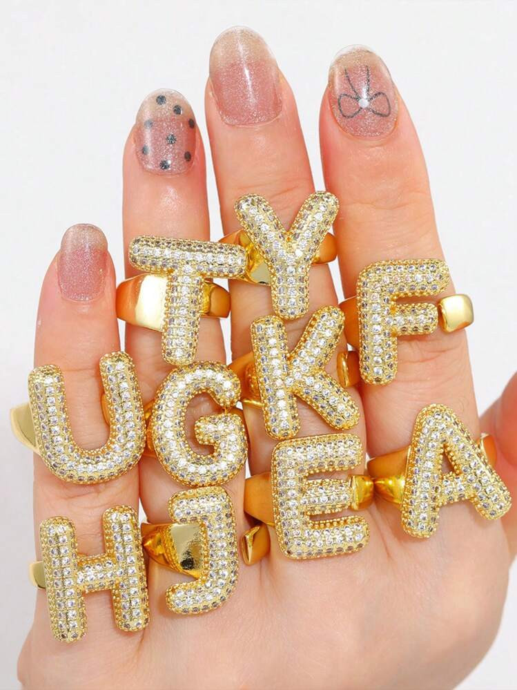 Bubble Cute 26 Letters Ring For Women Balloon Gold Plated Zirconia A-Z Letters Open Adjustable Ri... | SHEIN