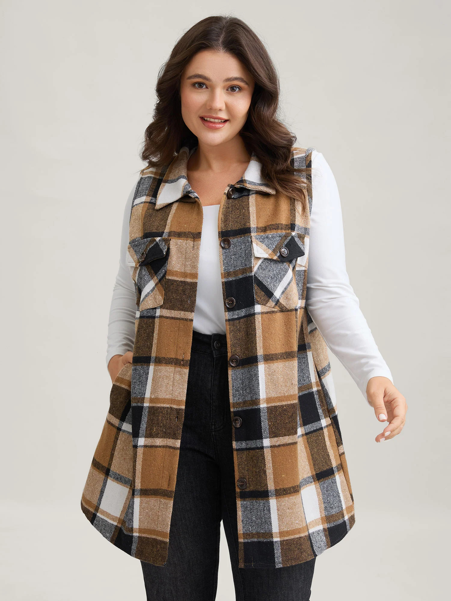 Plaid Flap Detail Sleeveless Jacket | Bloomchic