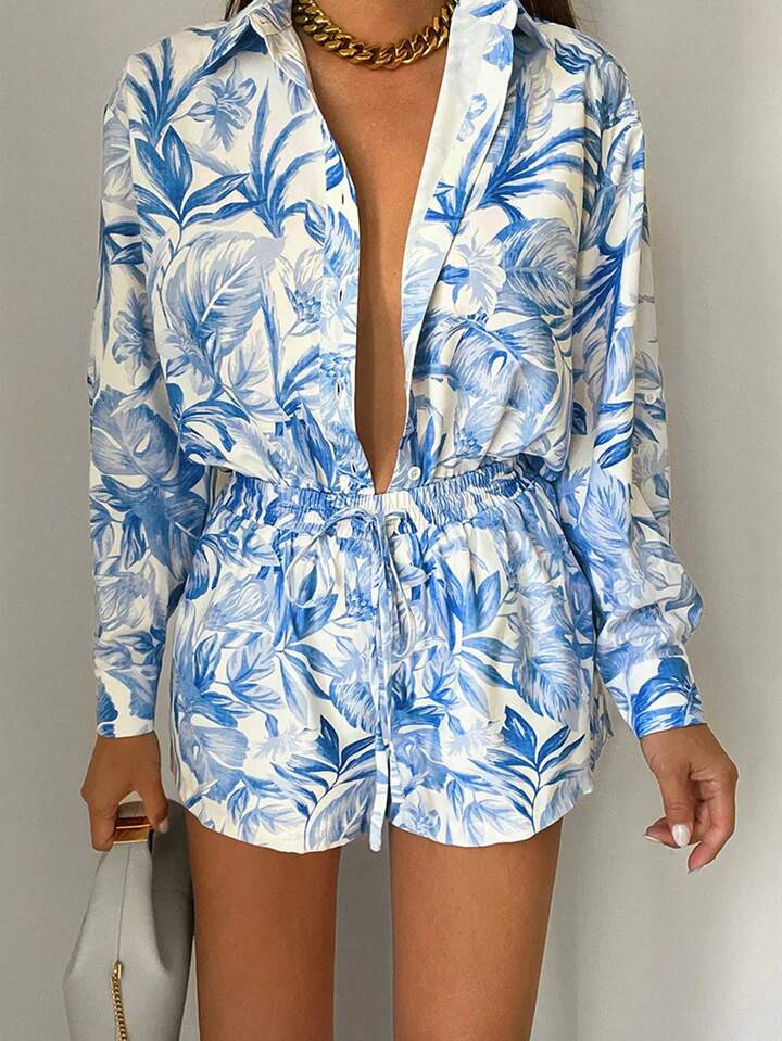 SHEIN Essnce Women's Vacation Floral Print Long Sleeve Shirt And Shorts Casual Suit | SHEIN