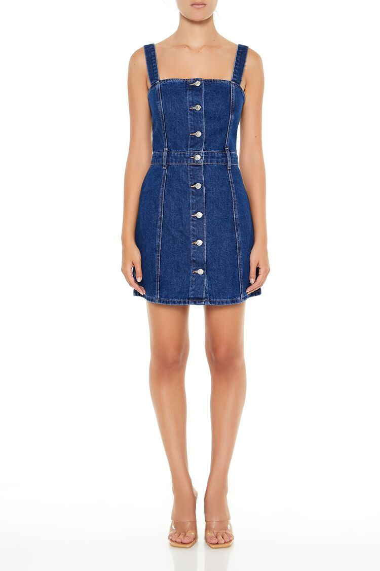 Women's Button-Front Denim Mini Dress in Dark Denim Small | Forever 21