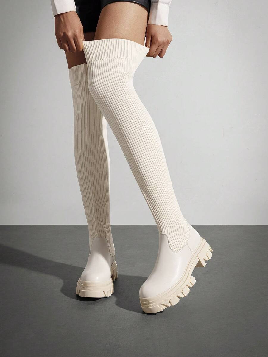 Women Minimalist Panel Design Knit Over The Knee Boots Fashion Lug Sole Comfortable Stretch Warm ... | SHEIN