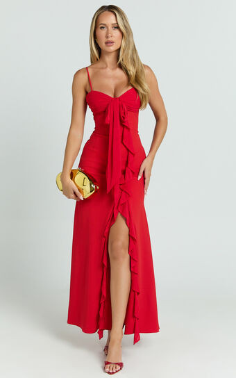 Lacie Maxi Dress - V Neck Bias Cut Ruffle Tie Front Dress in Red | Showpo (ANZ)