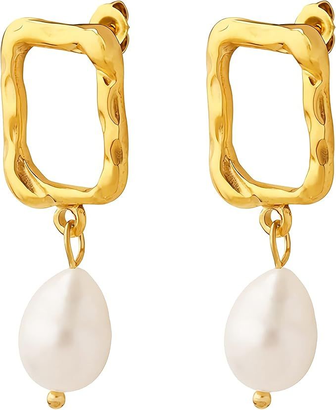 Fluidable Carol Drop Earrings, 18K Gold Plated Pearl Teardrop Earrings For Women And Ladies, Rect... | Amazon (UK)
