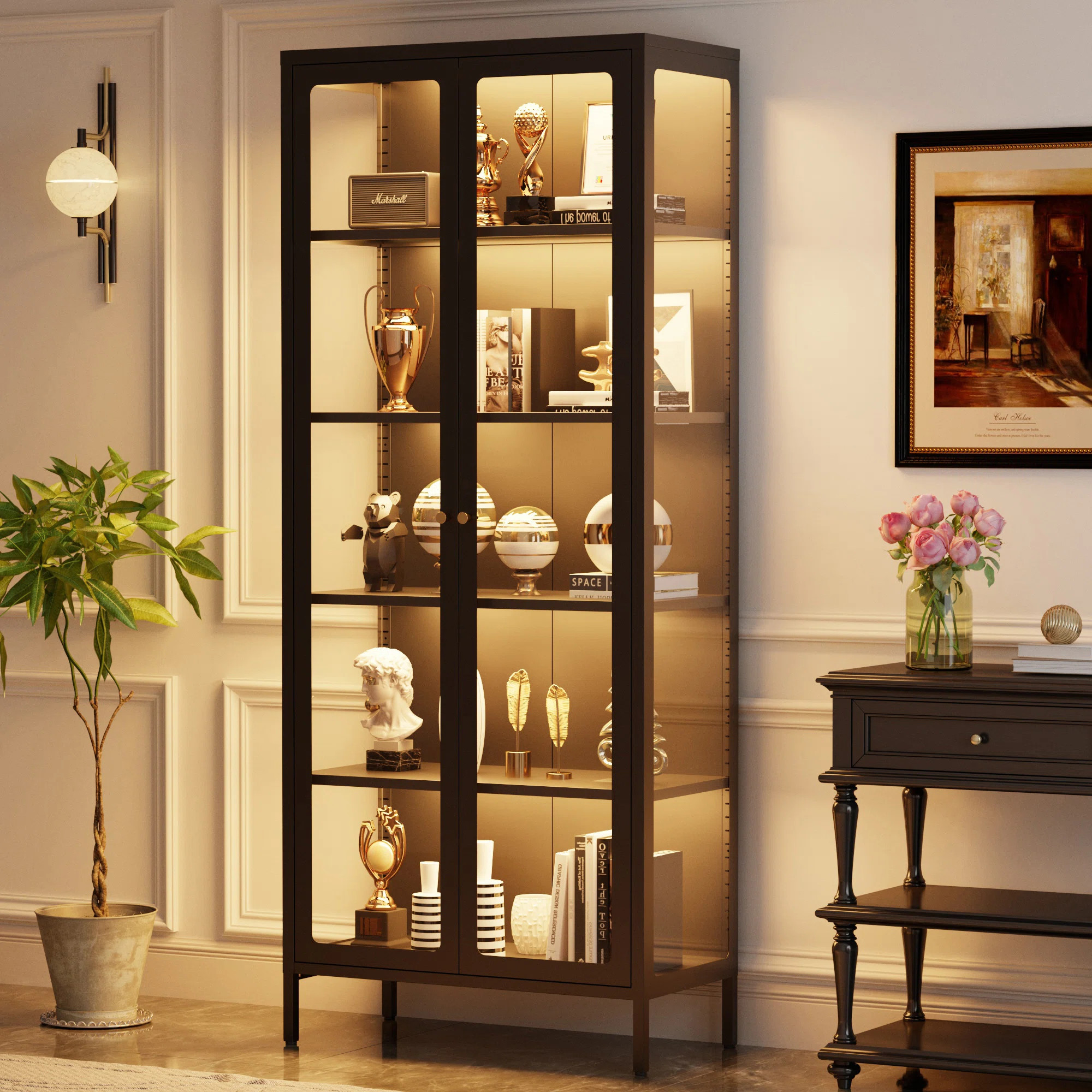 3-Sided Glass Dining Cabinet with Lights, Metal Display Stand | Wayfair | Wayfair North America