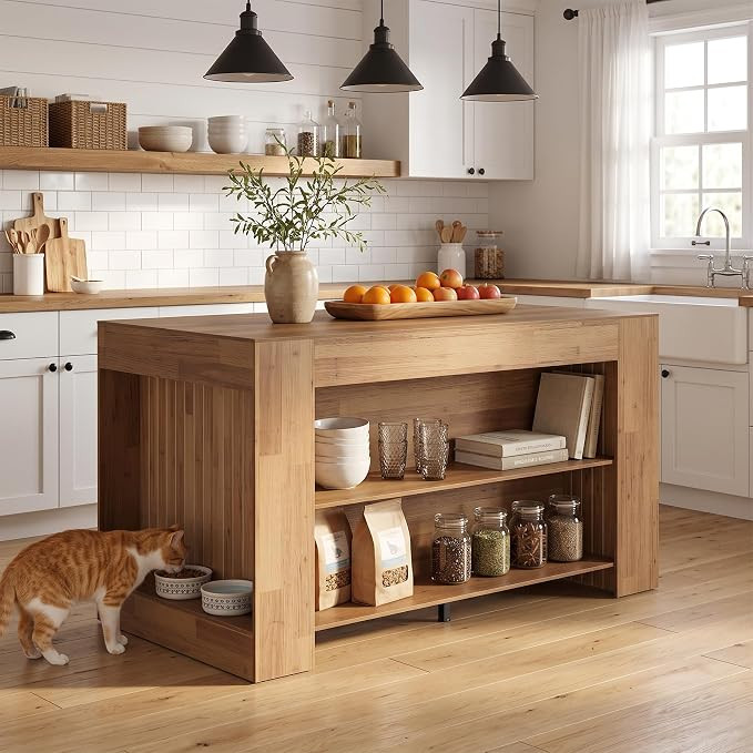 LITTLE TREE 55 Inches Kitchen Island Table with 2 Tier Storage Shelves | Amazon (US)