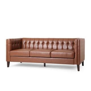 Noble House Sadlier 75.5 in. 3-Seat Square Arm Faux Leather Straight Cognac Brown Sofa 107579 | The Home Depot