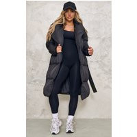 Black Oversized Collar Belted Longline Puffer | PrettyLittleThing US