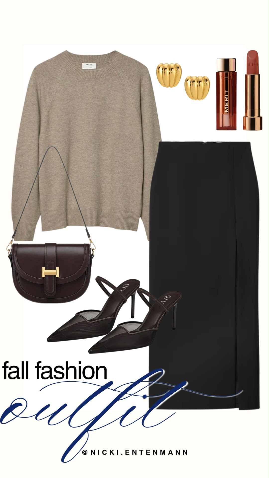 Elevate your autumn style with this chic fall fashion outfit edit featuring a soft beige crewneck sweater paired with a sleek black maxi skirt. Dark brown pointed-toe mesh heels match a deep burgundy saddle shoulder bag with gold hardware. Gold ribbed earrings and Merit lipstick complete this preppy polished look.

#fallfashion #falloutfit #preppycasual #outfitinspiration #chicstyle #everydayfashion 

 #LTKootd #LTKmomlife #LTKSaleAlert
