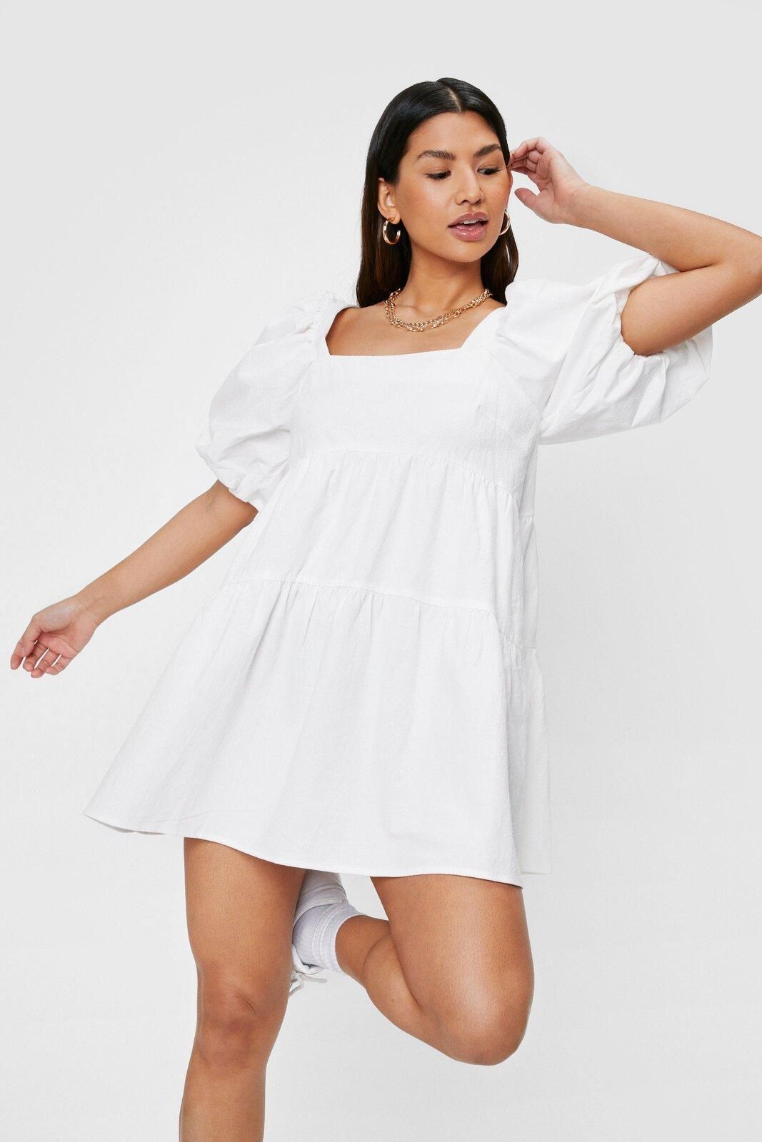 Linen Look Puff Sleeve Smock Mini Dress | NastyGal (UK, IE)