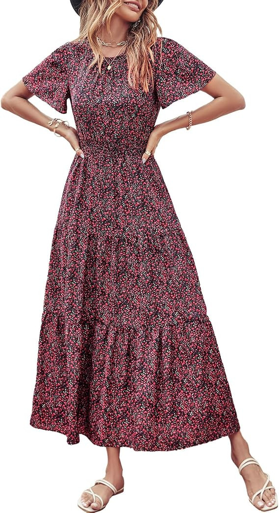 PRETTYGARDEN Women's Summer Casual Short Flutter Sleeve Round Neck Smocked Waist Tiered Boho Flor... | Amazon (US)