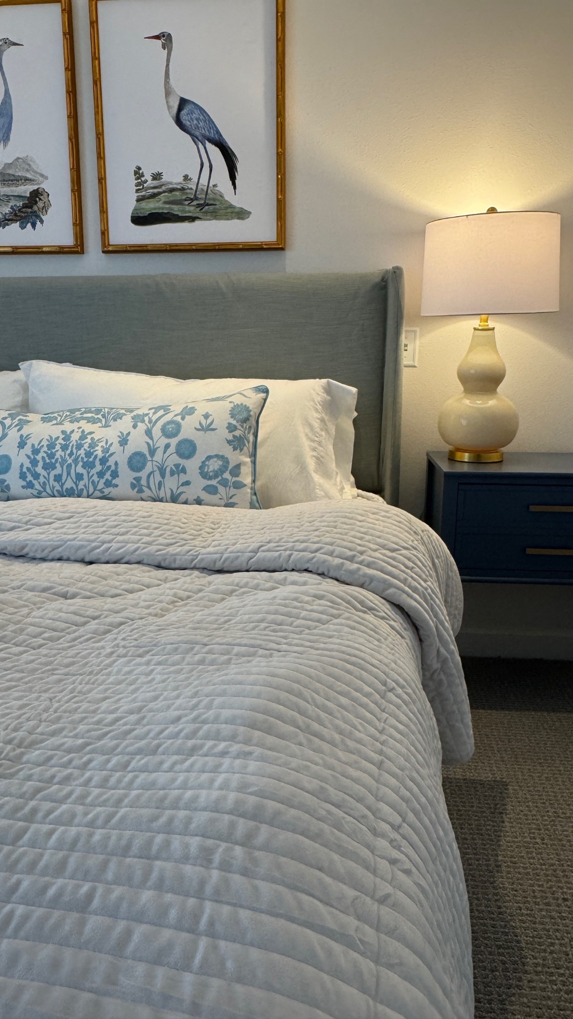 Love styling the Charlotte lumbar pillow in our condo! It’s perfect in this coastal Grandmillennial room. Condo inspiration, printed art, crane art prints, blue and white bedroom, upholstered bed, affordable bedroom decorr

#LTKHome