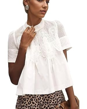 MISSACTIVER Women Lace Trim Short Sleeve Blouse Swing Crew Neck Ruffle Hem Mesh Shirts Summer Loo... | Amazon (US)