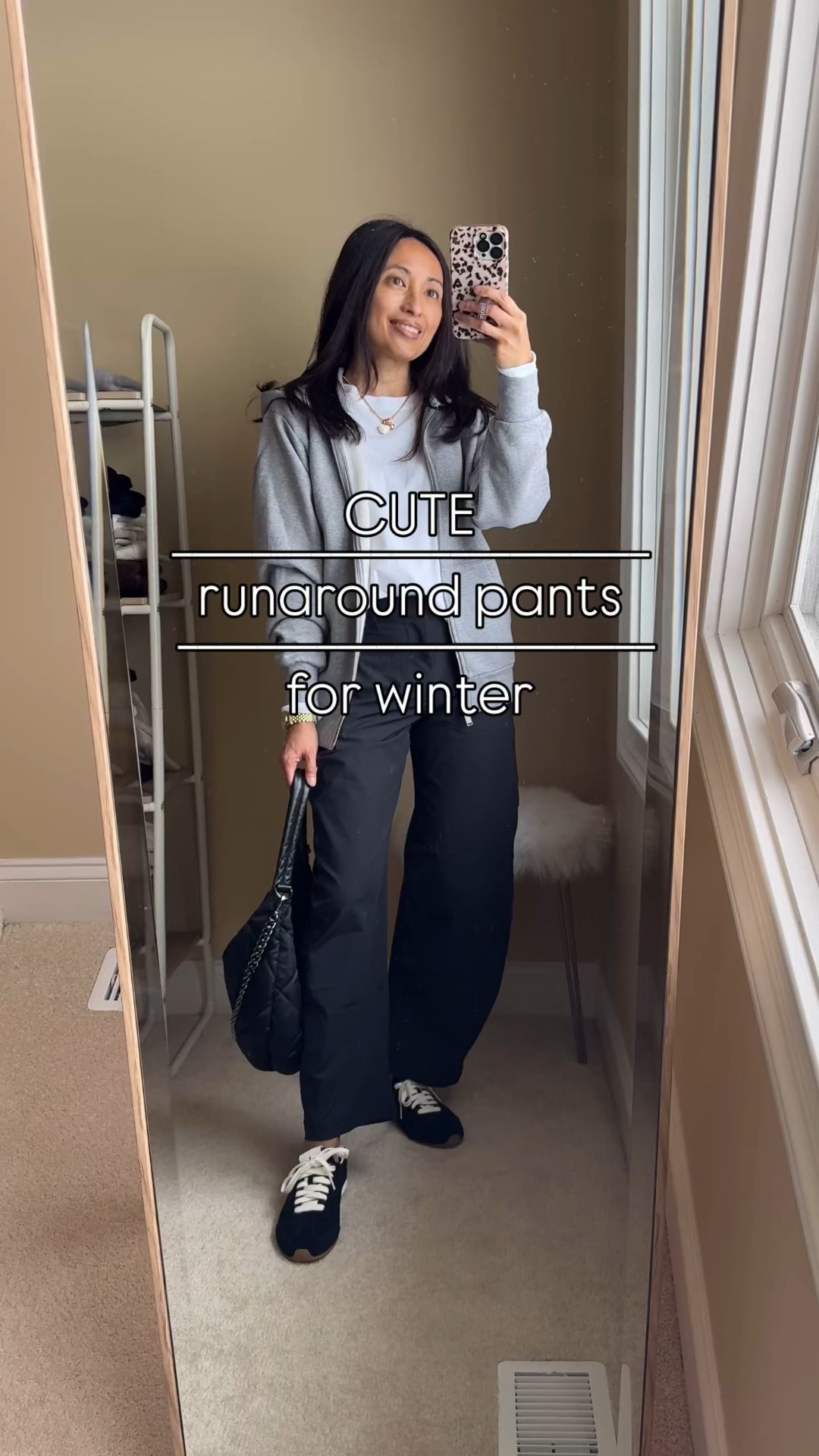 Cute runaround pants for winter. 
Would make great travel pants too. 
-I love the cut of these pants. Effortless chic barrel style. They remind me of a pricey designer pair that I have been eyeing. Athleisure material that is lined with a soft lightweight terry material  They have just been fully restocked and are currently on sale 30% off with code GREAT. Comes to around $56. 
Size down. 
I am in regular length at about 5’4. 
Also available in petite and tall. 
Long sleeve tee is a staple all cotton top. True to size. 
Suede sneakers- size up if in between. 
Fun casual gold jewelry. 


#LTKTravel #LTKootd #LTKOver40