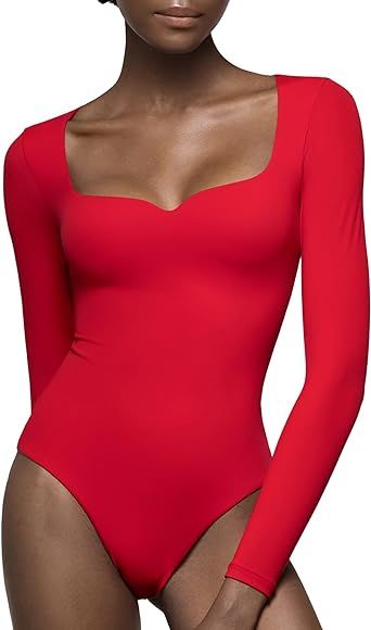 PUMIEY Women's Sweetheart Neck Long Sleeve Bodysuit Slimming Body Suit Going Out Tops Smoke Cloud... | Amazon (US)