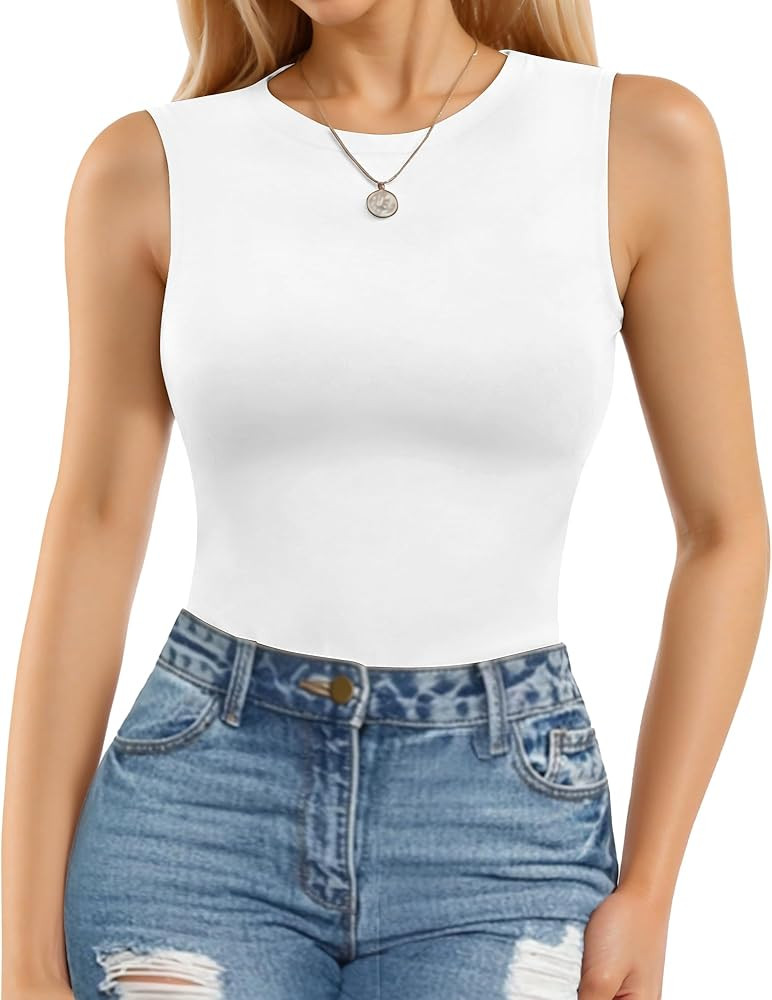 MANGOPOP Sleeveless Bodysuits for Women Crew Neck Tank Top Body Suit Basic Slim Fit Bodysuit Tops | Amazon (US)