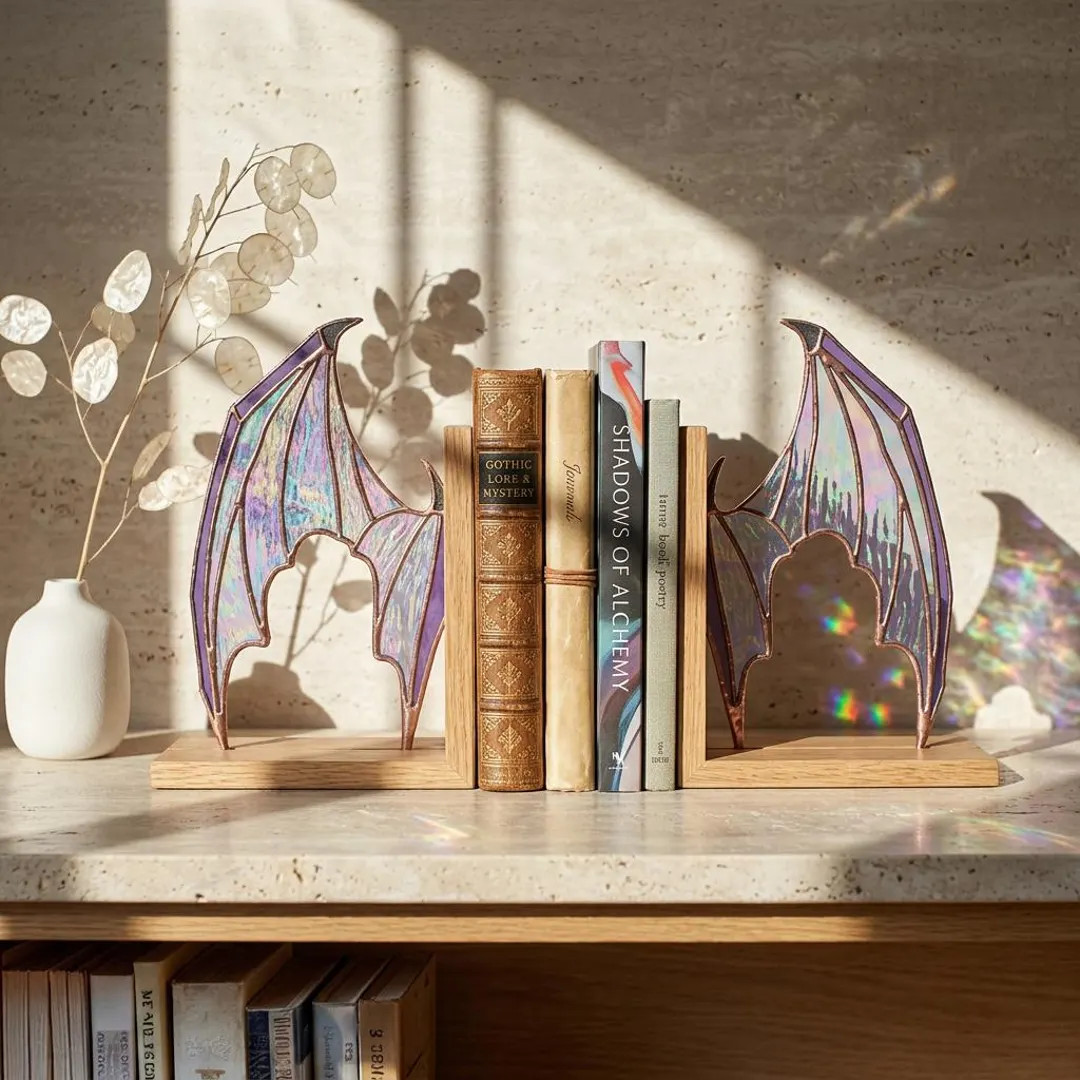 Stained Glass Dragon Wing Bookends, Iridescent Gothic Decor, Dark Academia Library Accessories, R... | Etsy (Global)