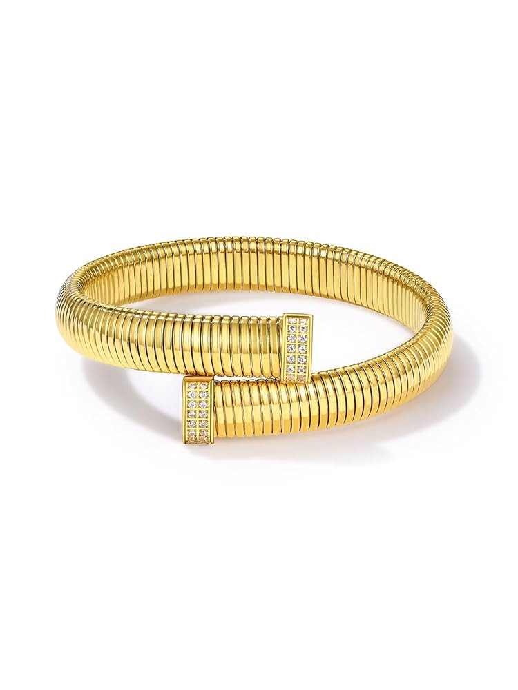 KeyStyle Bangle Bracelets for Women, Stainless Steel Stretch Bracelet Flexible Wide Link Chain Go... | Amazon (US)