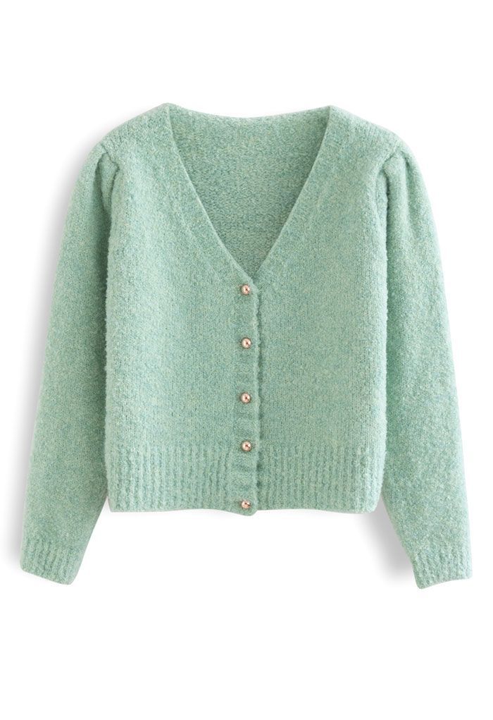 Button Front Fuzzy Knit Cardigan in Mint | Chicwish