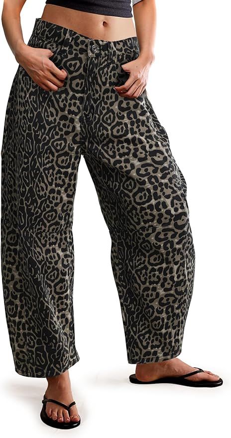 Women's Barrel Leopard Print Jeans Mid Rise Horseshoe Cropped Baggy Wide Leg Boyfriend Denim Pant... | Amazon (US)