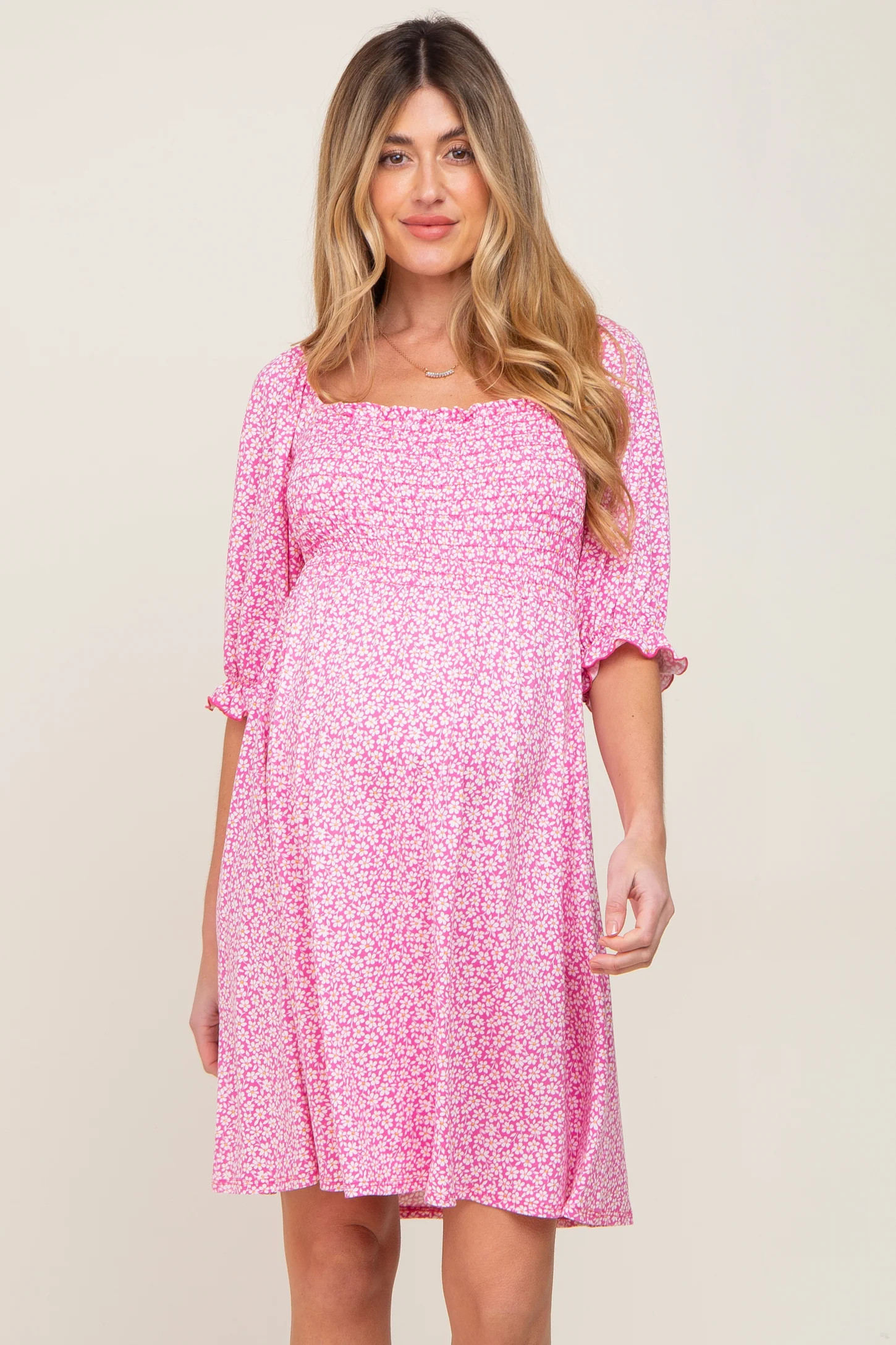 Pink Floral Smocked Square Neck Maternity Dress | PinkBlush Maternity