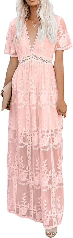 Womens Deep V Neck Short Sleeve Floral Lace Dress Long Bridesmaid Maxi Dresses | Amazon (US)