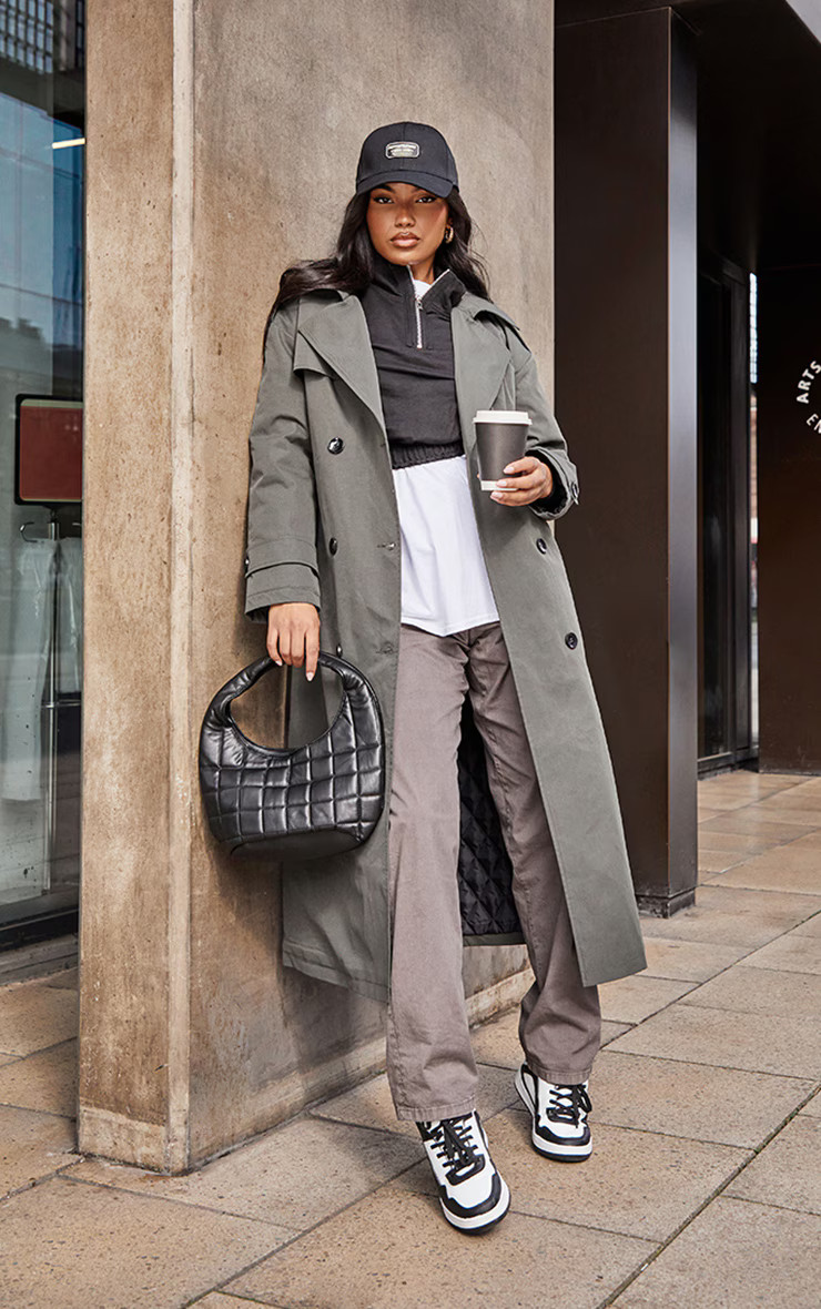 Khaki Woven Quilted Lining Trench Coat | PrettyLittleThing UK