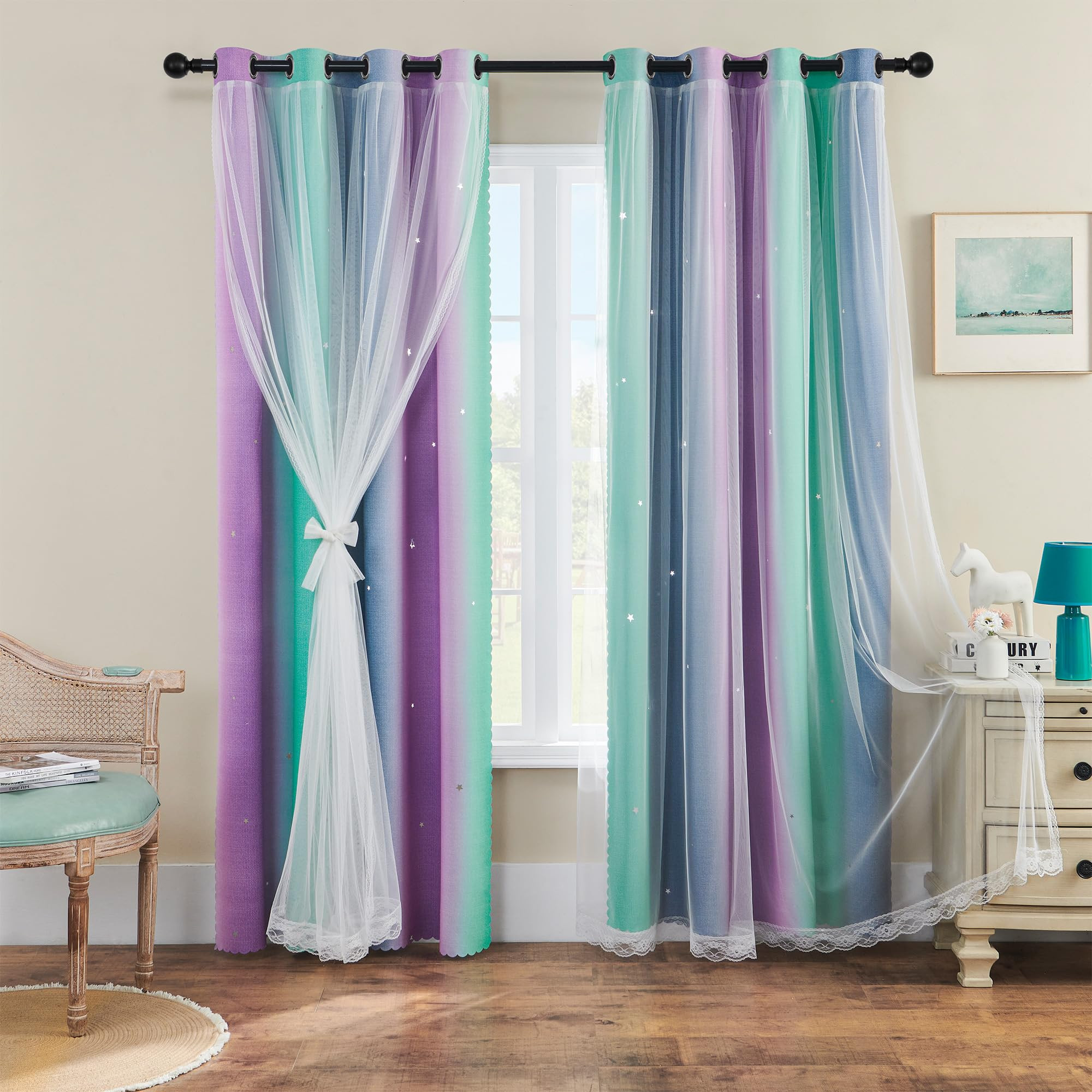 XiDi Purple Grey Green Curtains for Girls Bedroom 2 Panels Set, Rainbow Blackout Curtains for Kid... | Amazon (US)